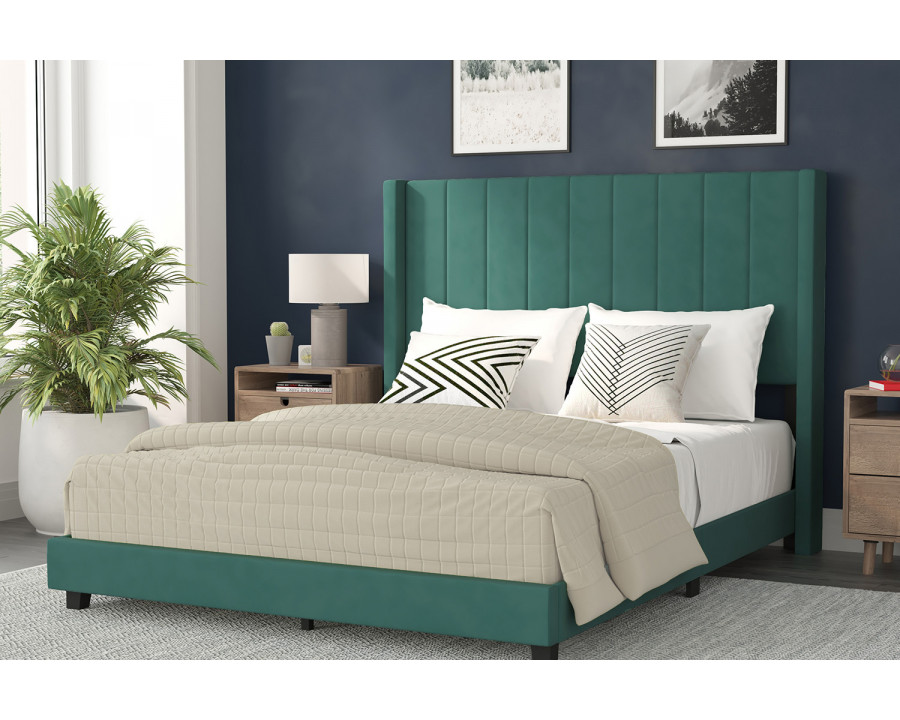 BLNK Bianca Upholstered Platform Bed with Vertical Stitched Wingback Headboard - Emerald, Queen Size