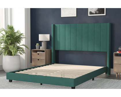 BLNK Bianca Upholstered Platform Bed with Vertical Stitched Wingback Headboard - Emerald, Queen Size