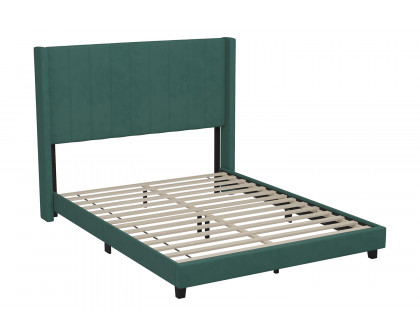 BLNK Bianca Upholstered Platform Bed with Vertical Stitched Wingback Headboard - Emerald, Queen Size