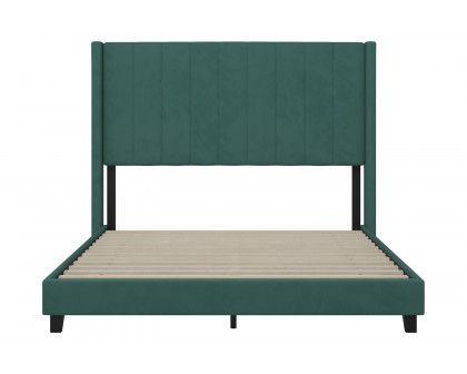 BLNK Bianca Upholstered Platform Bed with Vertical Stitched Wingback Headboard - Emerald, Queen Size