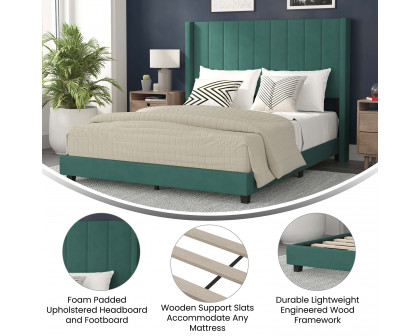 BLNK Bianca Upholstered Platform Bed with Vertical Stitched Wingback Headboard - Emerald, Queen Size