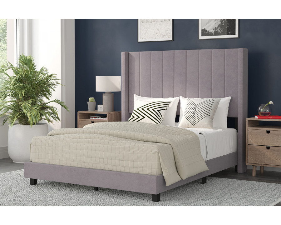 BLNK Bianca Upholstered Platform Bed with Vertical Stitched Wingback Headboard - Gray, Full Size