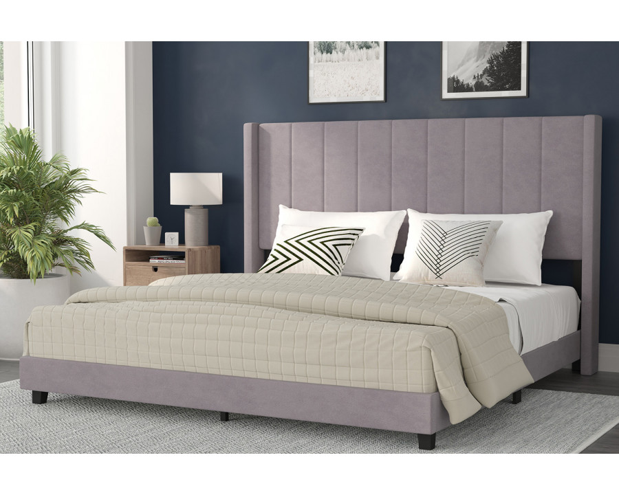 BLNK Bianca Upholstered Platform Bed with Vertical Stitched Wingback Headboard - Gray, King Size