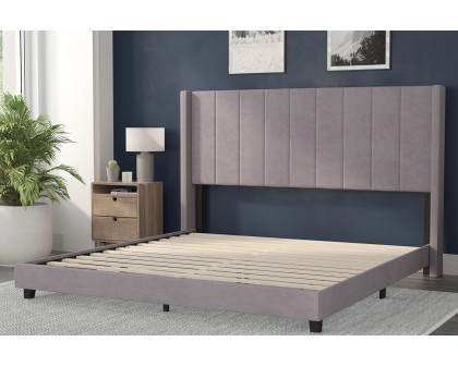 BLNK Bianca Upholstered Platform Bed with Vertical Stitched Wingback Headboard - Gray, King Size