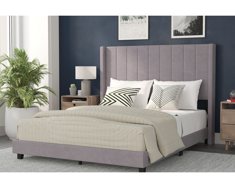 BLNK Bianca Upholstered Platform Bed with Vertical Stitched Wingback Headboard - Gray, Queen Size