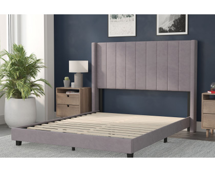 BLNK Bianca Upholstered Platform Bed with Vertical Stitched Wingback Headboard - Gray, Queen Size