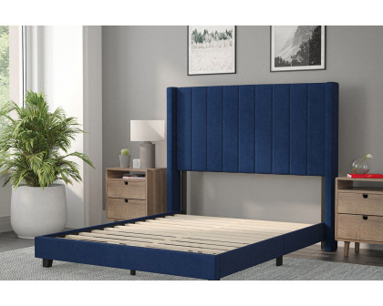 BLNK Bianca Upholstered Platform Bed with Vertical Stitched Wingback Headboard - Navy, Full Size