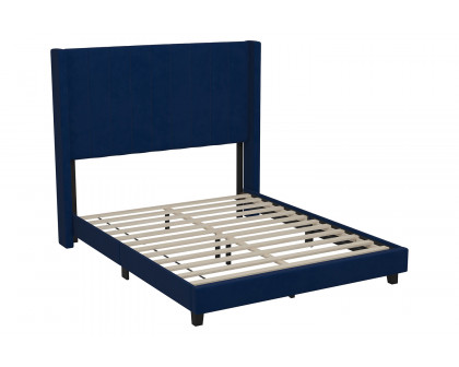 BLNK Bianca Upholstered Platform Bed with Vertical Stitched Wingback Headboard - Navy, Full Size