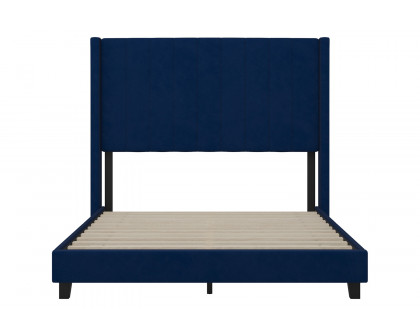 BLNK Bianca Upholstered Platform Bed with Vertical Stitched Wingback Headboard - Navy, Full Size