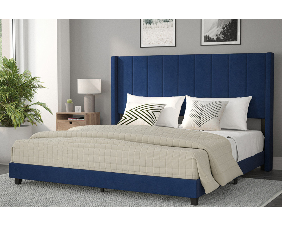 BLNK Bianca Upholstered Platform Bed with Vertical Stitched Wingback Headboard - Navy, King Size