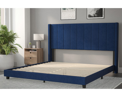 BLNK Bianca Upholstered Platform Bed with Vertical Stitched Wingback Headboard - Navy, King Size