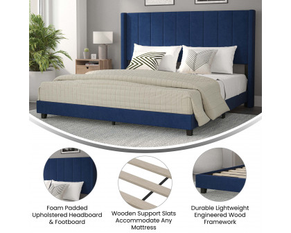 BLNK Bianca Upholstered Platform Bed with Vertical Stitched Wingback Headboard - Navy, King Size