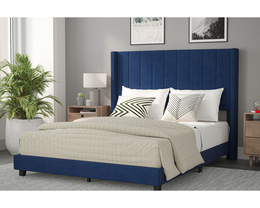 BLNK Bianca Upholstered Platform Bed with Vertical Stitched Wingback Headboard - Navy, Queen Size