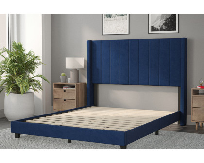 BLNK Bianca Upholstered Platform Bed with Vertical Stitched Wingback Headboard - Navy, Queen Size