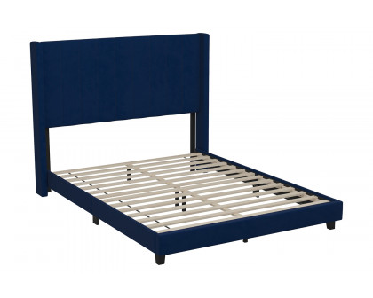 BLNK Bianca Upholstered Platform Bed with Vertical Stitched Wingback Headboard - Navy, Queen Size