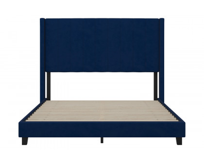 BLNK Bianca Upholstered Platform Bed with Vertical Stitched Wingback Headboard - Navy, Queen Size