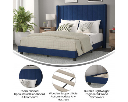 BLNK Bianca Upholstered Platform Bed with Vertical Stitched Wingback Headboard - Navy, Queen Size