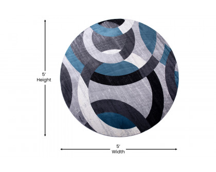 BLNK Harken Collection Geometric Round Olefin Area Rug with Jute Backing - Blue/Gray, 5'W x 5'L