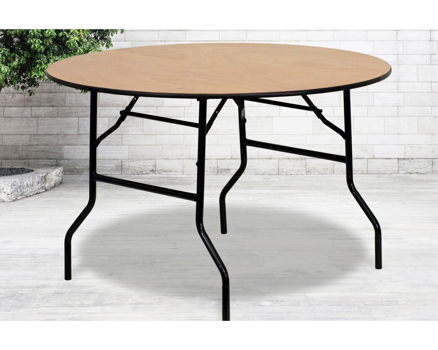 BLNK Furman Round Wood Folding Banquet Table with Clear Coated Finished Top - 4'D