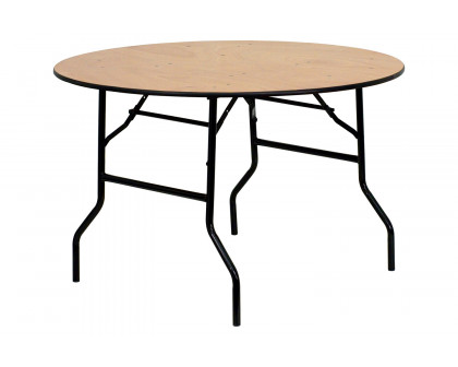 BLNK Furman Round Wood Folding Banquet Table with Clear Coated Finished Top - 4'D