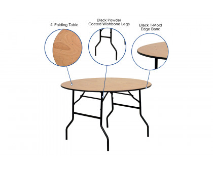 BLNK Furman Round Wood Folding Banquet Table with Clear Coated Finished Top - 4'D