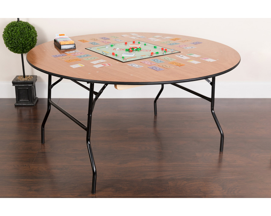 BLNK Furman Round Wood Folding Banquet Table with Clear Coated Finished Top