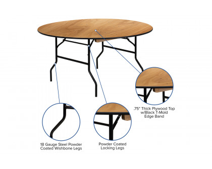 BLNK Furman Round Wood Folding Banquet Table with Clear Coated Finished Top - 5'D