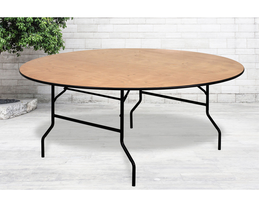 BLNK Furman Round Wood Folding Banquet Table with Clear Coated Finished Top - 6'D