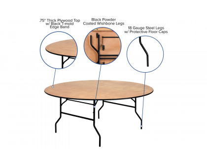 BLNK Furman Round Wood Folding Banquet Table with Clear Coated Finished Top - 6'D