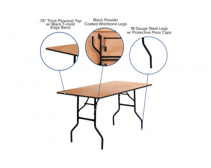 BLNK Gael Rectangular Wood Folding Banquet Table with Clear Coated Finished Top - 5'W x 2.5'L