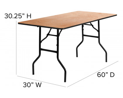 BLNK Gael Rectangular Wood Folding Banquet Table with Clear Coated Finished Top - 5'W x 2.5'L