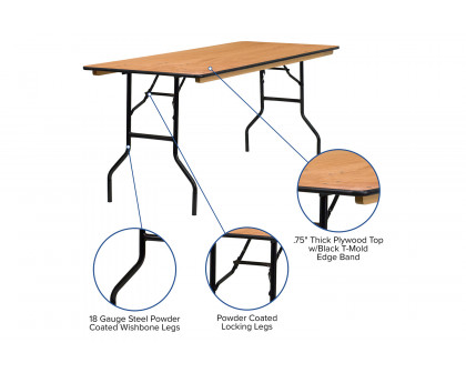 BLNK Gael Rectangular Wood Folding Banquet Table with Clear Coated Finished Top - 6'W x 2.5'L