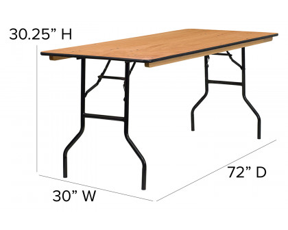 BLNK Gael Rectangular Wood Folding Banquet Table with Clear Coated Finished Top - 6'W x 2.5'L