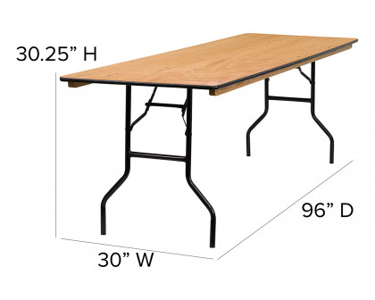 BLNK Gael Rectangular Wood Folding Banquet Table with Clear Coated Finished Top - 2.5'W x 8'L