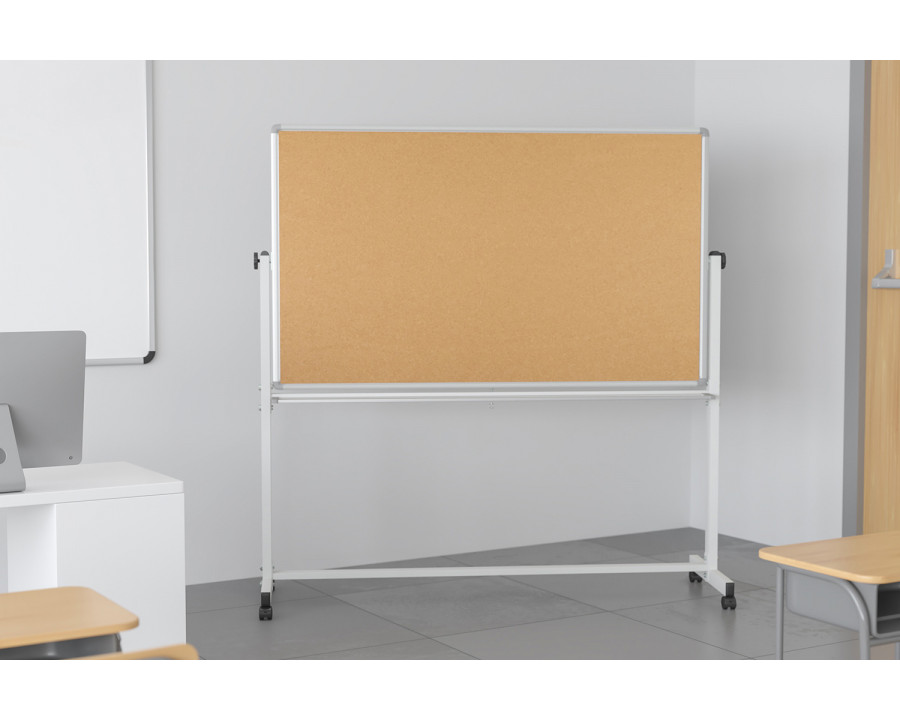 BLNK HERCULES Series Reversible Mobile Cork Bulletin Board and White Board with Pen Tray - 45.25"W x 54.75"H