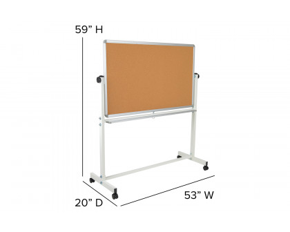 BLNK HERCULES Series Reversible Mobile Cork Bulletin Board and White Board with Pen Tray - 53"W x 59"H