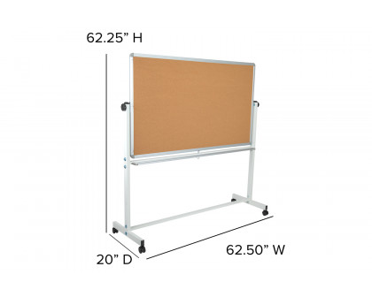 BLNK HERCULES Series Reversible Mobile Cork Bulletin Board and White Board with Pen Tray - 62.5"W x 62.25"H