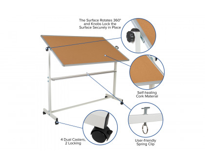 BLNK HERCULES Series Reversible Mobile Cork Bulletin Board and White Board with Pen Tray - 64.25"W x 64.75"H