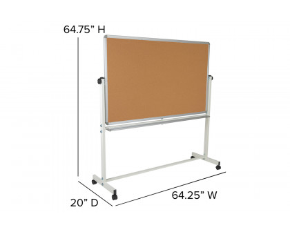 BLNK HERCULES Series Reversible Mobile Cork Bulletin Board and White Board with Pen Tray - 64.25"W x 64.75"H