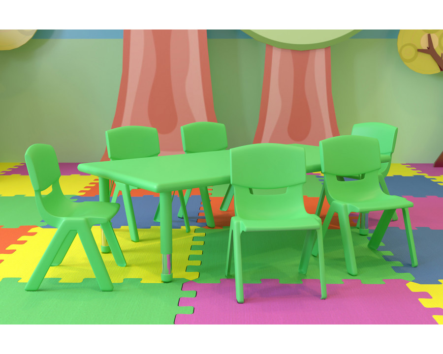 BLNK Emmy Rectangular Plastic Height Adjustable Activity Table Set - Green, 24"W x 48"L, with 6 Chairs