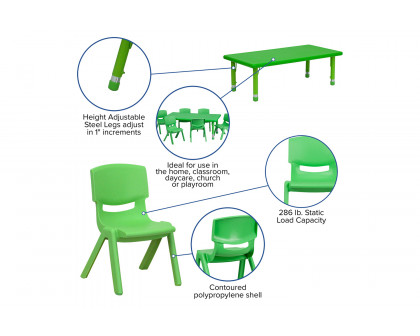 BLNK Emmy Rectangular Plastic Height Adjustable Activity Table Set - Green, 24"W x 48"L, with 6 Chairs