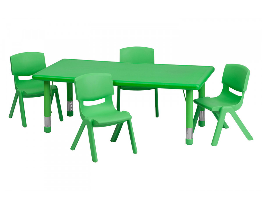 BLNK Emmy Rectangular Plastic Height Adjustable Activity Table Set - Green, 24"W x 48"L, with 4 Chairs