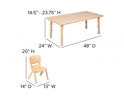 BLNK Emmy Rectangular Plastic Height Adjustable Activity Table Set - Natural, 24"W x 48"L, with 6 Chairs