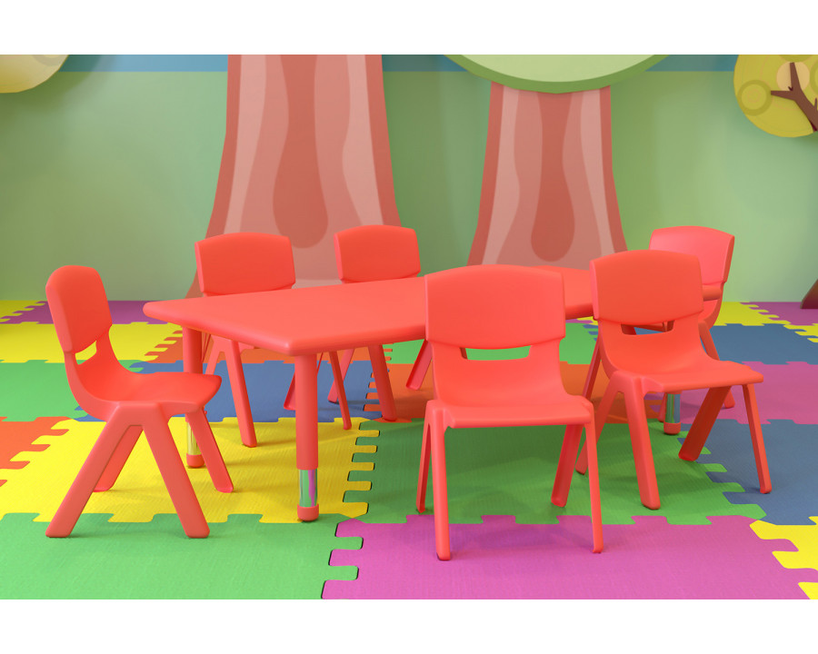 BLNK Emmy Rectangular Plastic Height Adjustable Activity Table Set - Red, 24"W x 48"L, with 6 Chairs