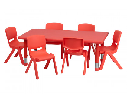 BLNK Emmy Rectangular Plastic Height Adjustable Activity Table Set - Red, 24"W x 48"L, with 6 Chairs