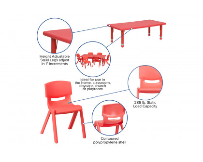 BLNK Emmy Rectangular Plastic Height Adjustable Activity Table Set - Red, 24"W x 48"L, with 6 Chairs