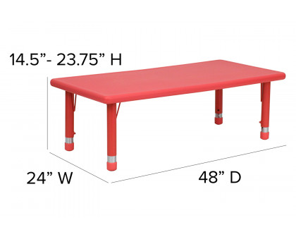 BLNK Emmy Rectangular Plastic Height Adjustable Activity Table Set - Red, 24"W x 48"L, with 6 Chairs