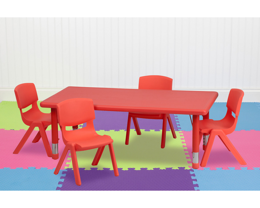 BLNK Emmy Rectangular Plastic Height Adjustable Activity Table Set - Red, 24"W x 48"L, with 4 Chairs