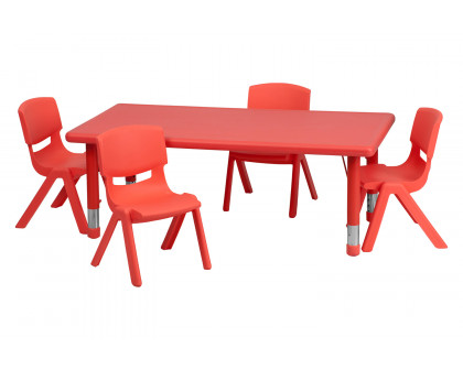 BLNK Emmy Rectangular Plastic Height Adjustable Activity Table Set - Red, 24"W x 48"L, with 4 Chairs