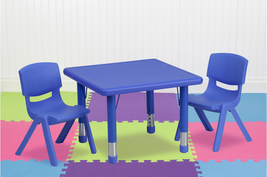 BLNK™ Emmy Square Plastic Height Adjustable Activity Table Set - Blue, 24"W, with 2 Chairs